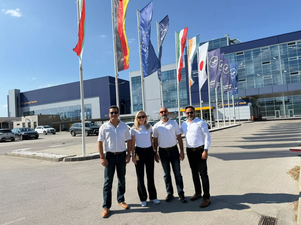 From left to right: Anshul Soni (Associate Vice President - Engineering Head of Planning, Logistics & Materials at IndiGo), Johanna Koch (Vice President Corporate Sales Southeast Asia and Indian Subcontinent at Lufthansa Technik), Parichay Datta (Senior Vice President Engineering and Maintenance at IndiGo), Gaurav Madan (Director Corporate Sales - India and Indian subcontinent) in front of the Lufthansa Technik Sofia facility.