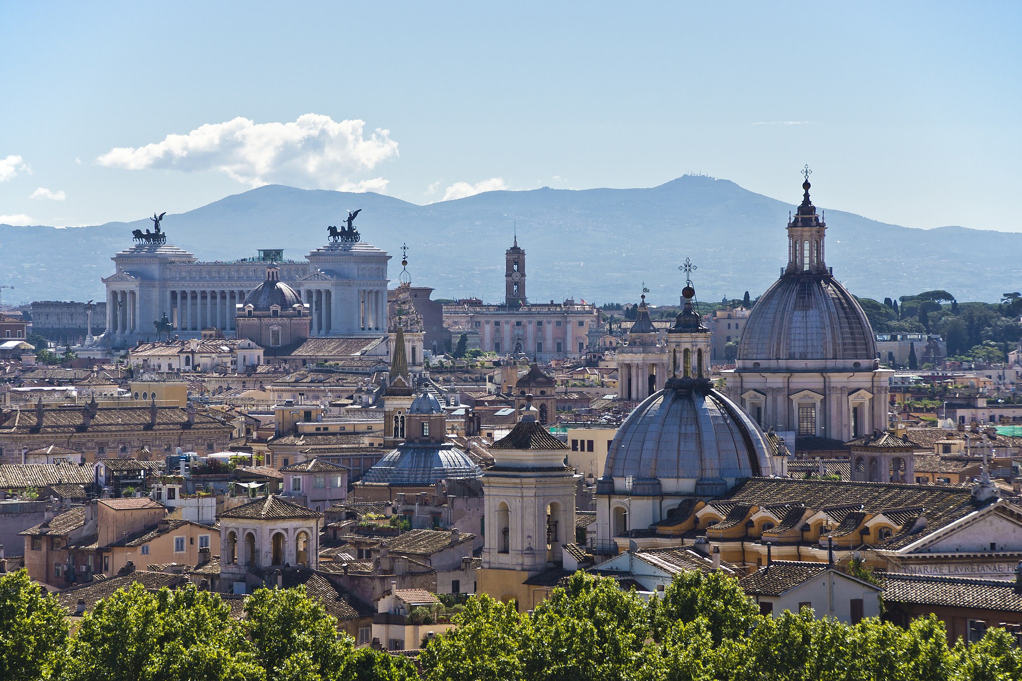 Rome's skyline during the day, with many of its churches and historical buildings visible.