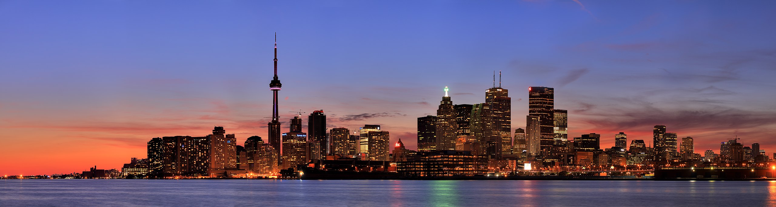 Toronto's skyline at dusk.