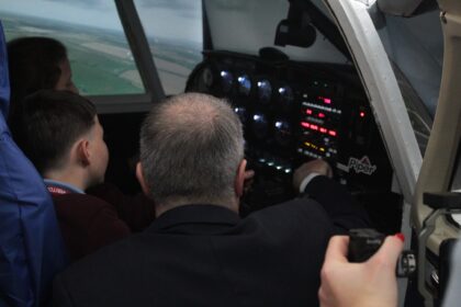 Students inside Stockton Sixth Form College's Piper Warrier cockpit simulator
