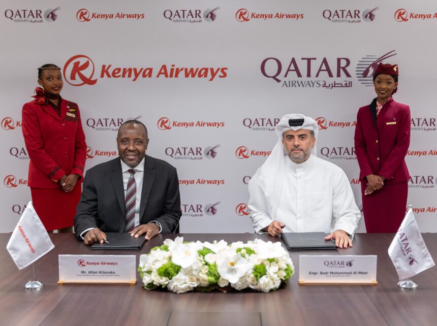 Representatives of Qatar Airways and Kenya Airways signing the Memorandum of Understanding.