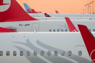 Turkish Airlines' aeroplanes are parked on the tarmac under a clear blue sky.