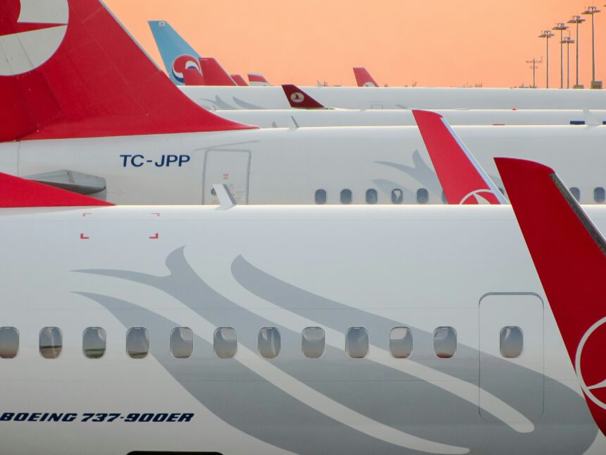 Turkish Airlines' aeroplanes are parked on the tarmac under a clear blue sky.
