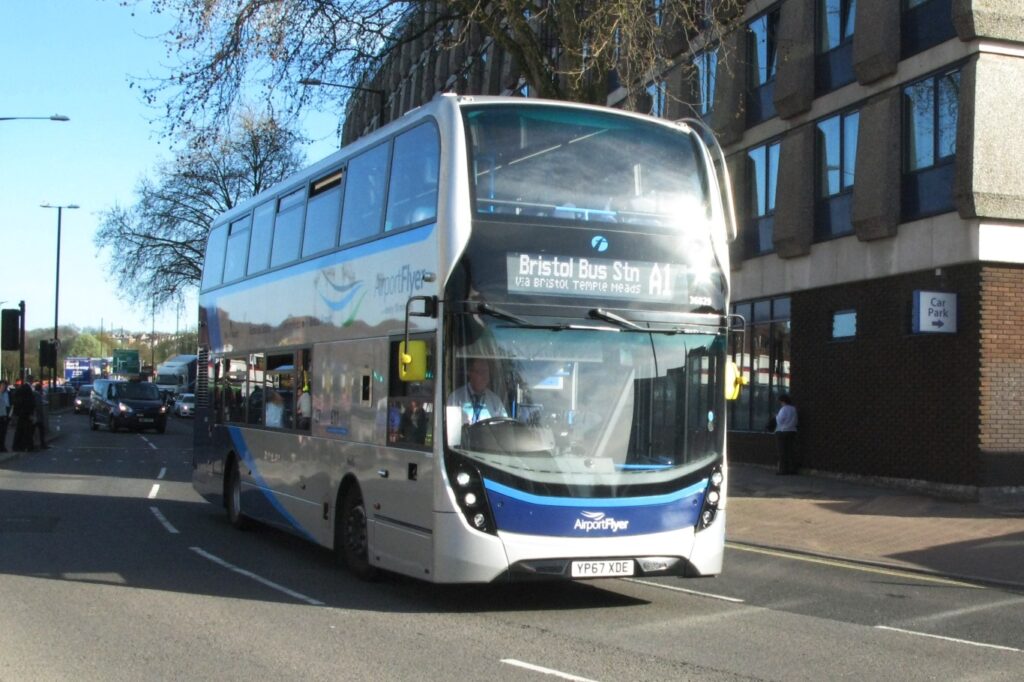 The silver and blue A1 Airport Flyer going from Bristol to Bristol Airport.
