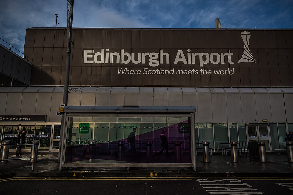 Exterior view of Edinburgh Airport's terminal building and arrivals area