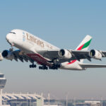 An Emirates Airbus A380 taking off from Munich Airport