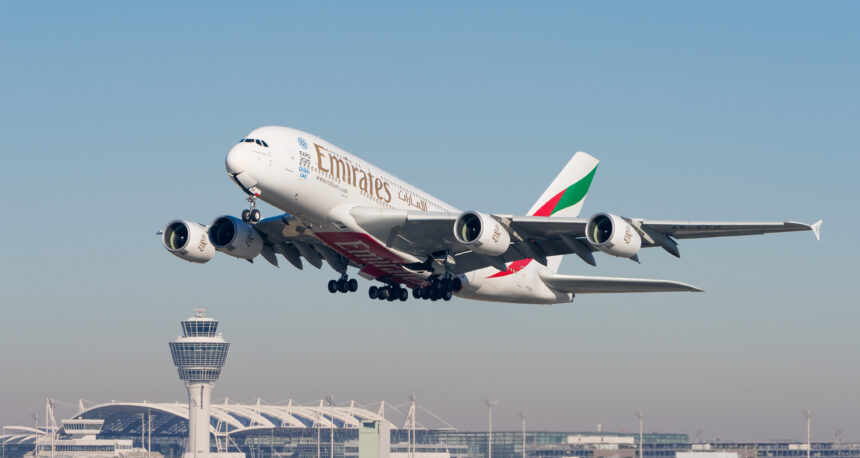 An Emirates Airbus A380 taking off from Munich Airport
