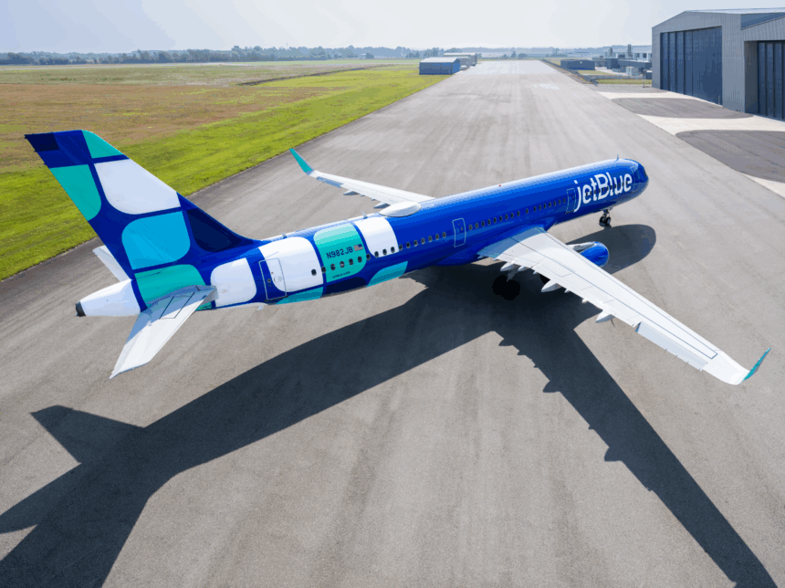 JetBlue Airbus A321 aircraft in bright blue livery parked on a tarmac at an airport.
