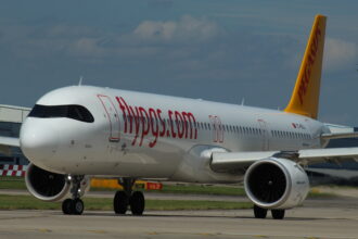 A Pegasus Airlines A321-251N on the tarmac at Manchester Airport.
