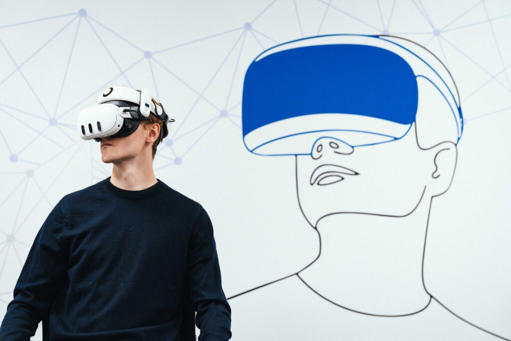 A man with a virtual reality headset, engaged in an immersive pilot training.