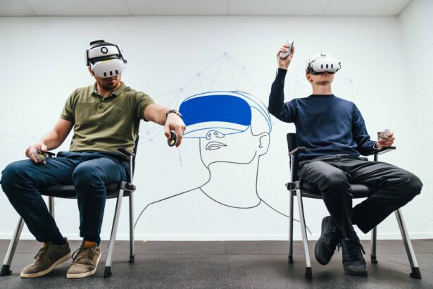 Two men seated on chairs, wearing virtual reality headsets, engaged in an immersive digital experience of pilot training provided by Air Bus and Lufthansa Aviation Training.