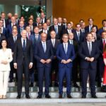 German Chancellor Friedrich Merz, Siemens CEO Roland Busch, Deutsche Bank CEO Christian Sewing and other leaders at the Federal Chancellery launching the Made for Germany initiative.
