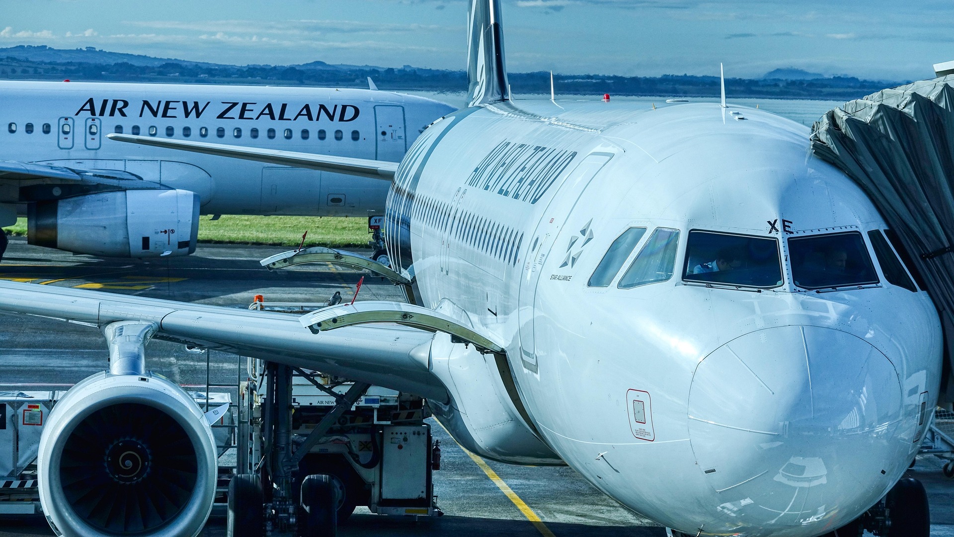 Two Air New Zealand aircraft parked at an airport gate, one connected to a jet bridge.
