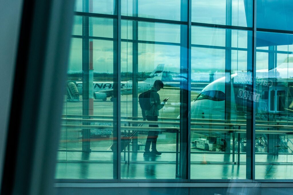 Waiting for a flight while on a phone