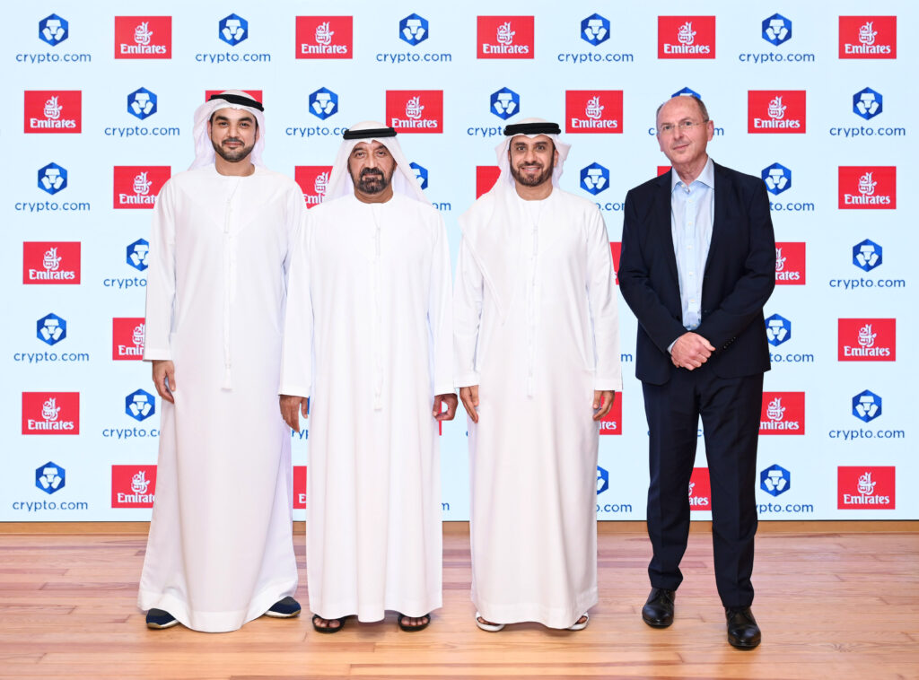 Emirates and Crypto.com signs a Memorandum of Understanding - From left to right: Mohammed Al Hakim, President of Crypto.com’s UAE operations, His Highness Sheikh Ahmed bin Saeed Al Maktoum, Chairman and Chief Executive, Emirates Airline & Group, Adnan Kazim, Emirates’ Deputy President and Chief Commercial Officer, Michael Doersam, Emirates’ Chief Financial & Group Services Officer 