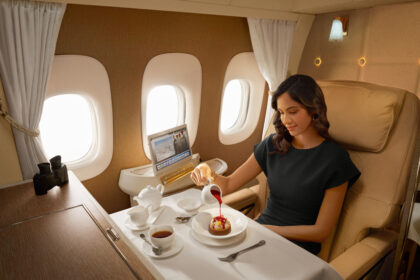 Emirates passenger enjoying a chocolate dessert