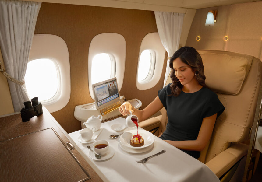 Emirates passenger enjoying a chocolate dessert