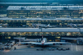 Heathrow Airport, Terminal 5 complex viewed from control tower.