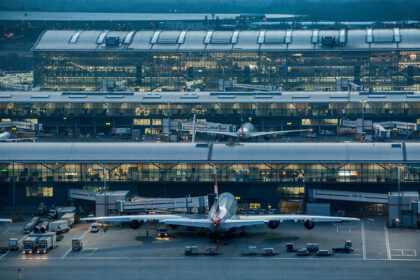 Heathrow Airport, Terminal 5 complex viewed from control tower.