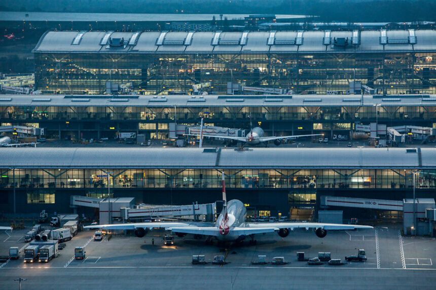 Heathrow Airport, Terminal 5 complex viewed from control tower.