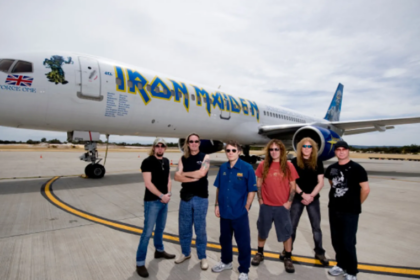 Iron Maiden and their customized Boeing 757 that is flown by lead singer Bruce Dickinson. © AP Photo