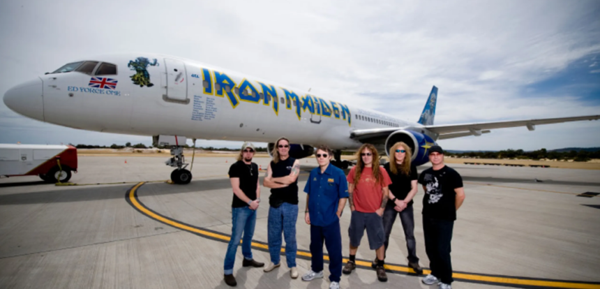 Iron Maiden and their customized Boeing 757 that is flown by lead singer Bruce Dickinson. © AP Photo