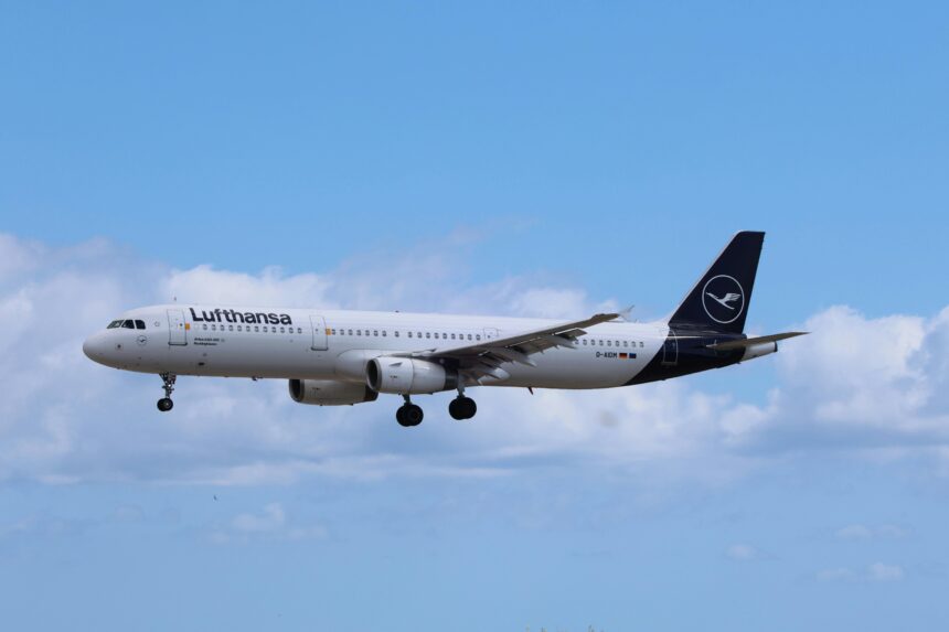 Lufthansa aircraft in the sky. Lufthansa Tecknik receives red dot awards