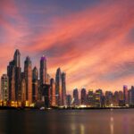 Panoramic view of Dubai's skyline during a beautiful sunset