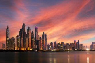 Panoramic view of Dubai's skyline during a beautiful sunset