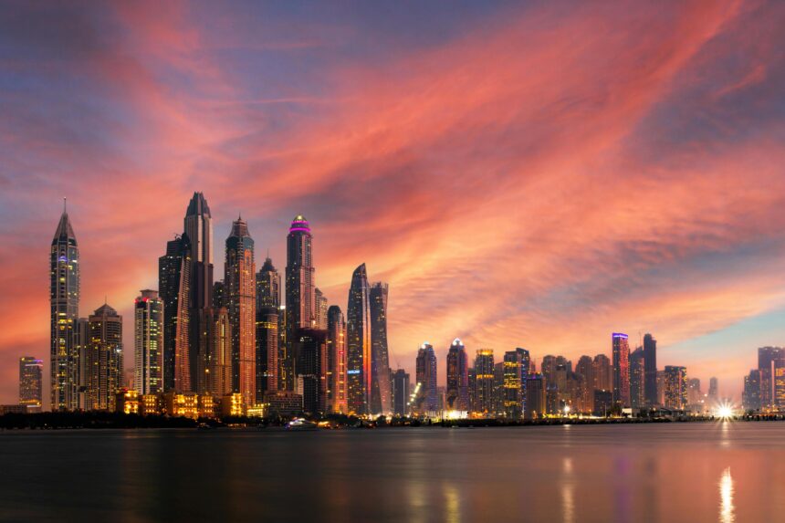 Panoramic view of Dubai's skyline during a beautiful sunset