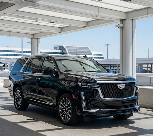 A black Cadillac Escalade parked at the airport
