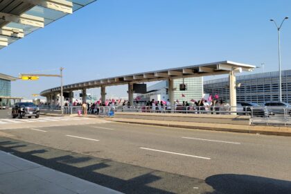 Air Canada flight attendants' picket line at Toronto Pearson International Airport terminal 1 passenger drop-off area.