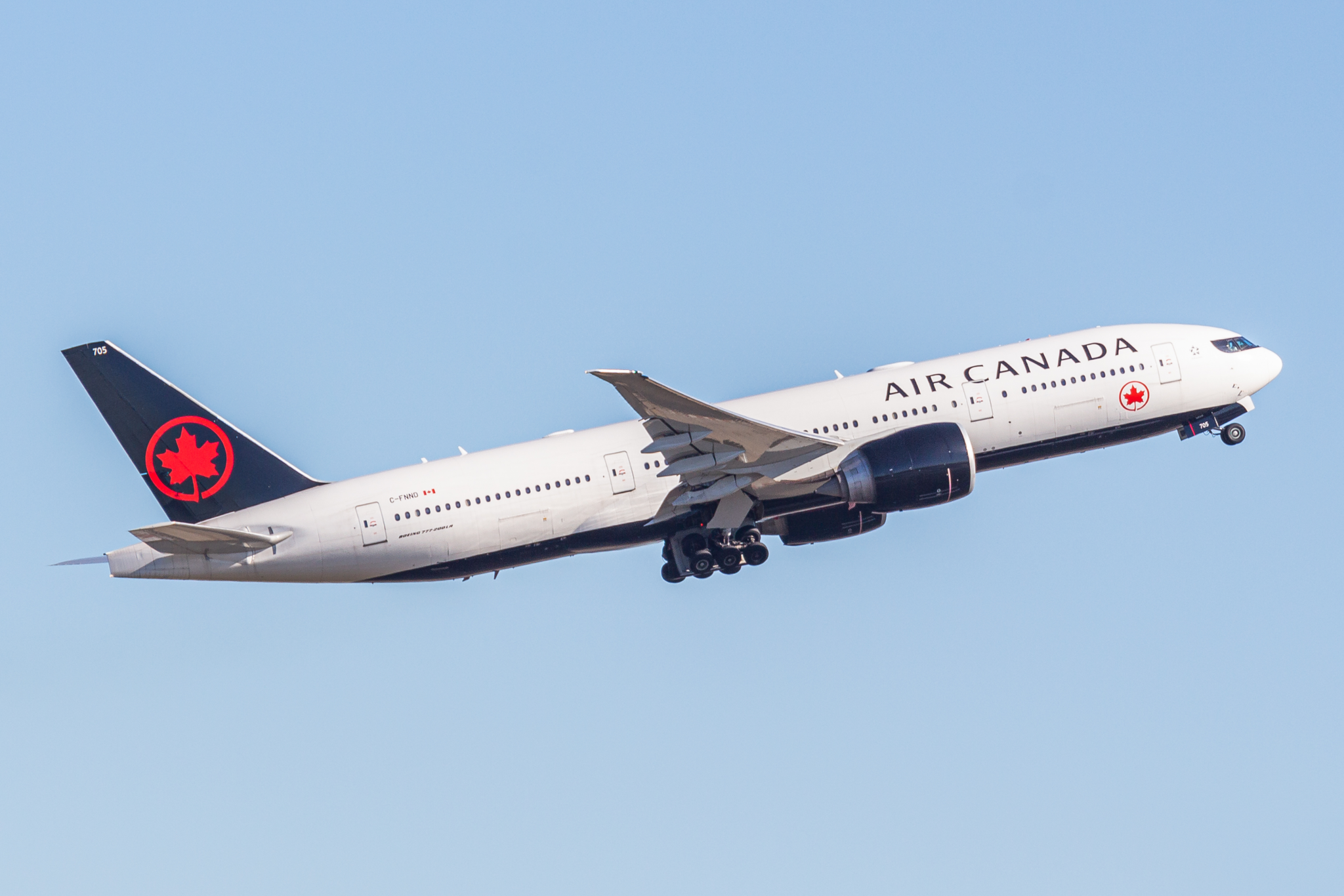 An Air Canada Boeing 777 in the air after taking off.