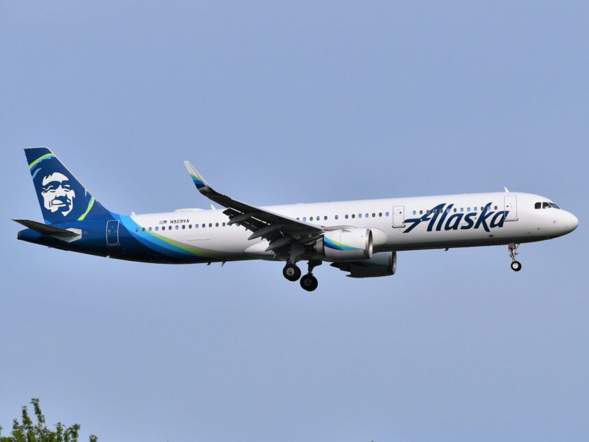 An Alaska Airlines Airbus A321 aircraft on approach to JFK AIrport.