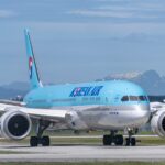 A Korean Air plane on the tarmac at Vancouver airport.