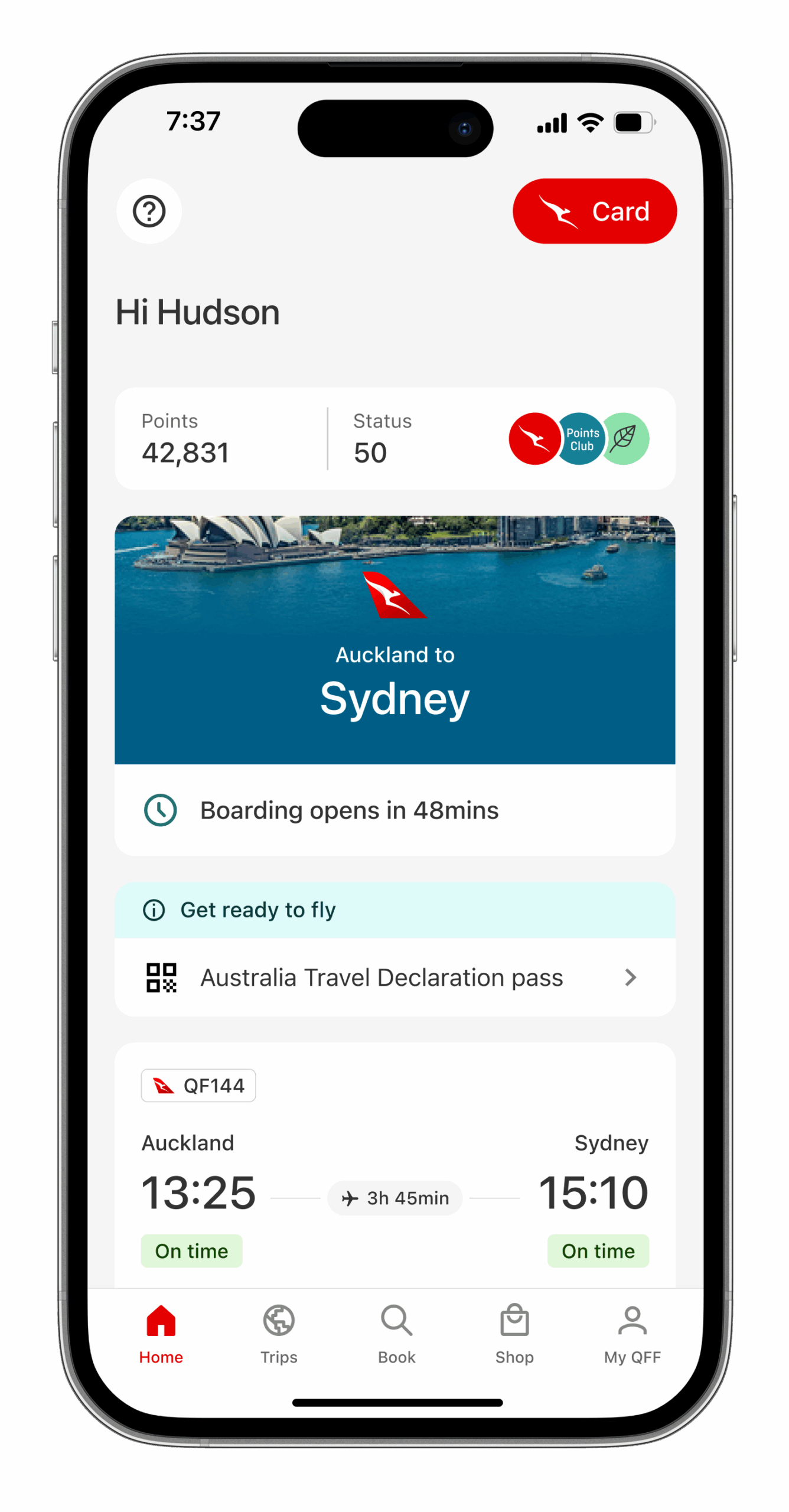 Screen mock up for the digital IPC on the Qantas app.