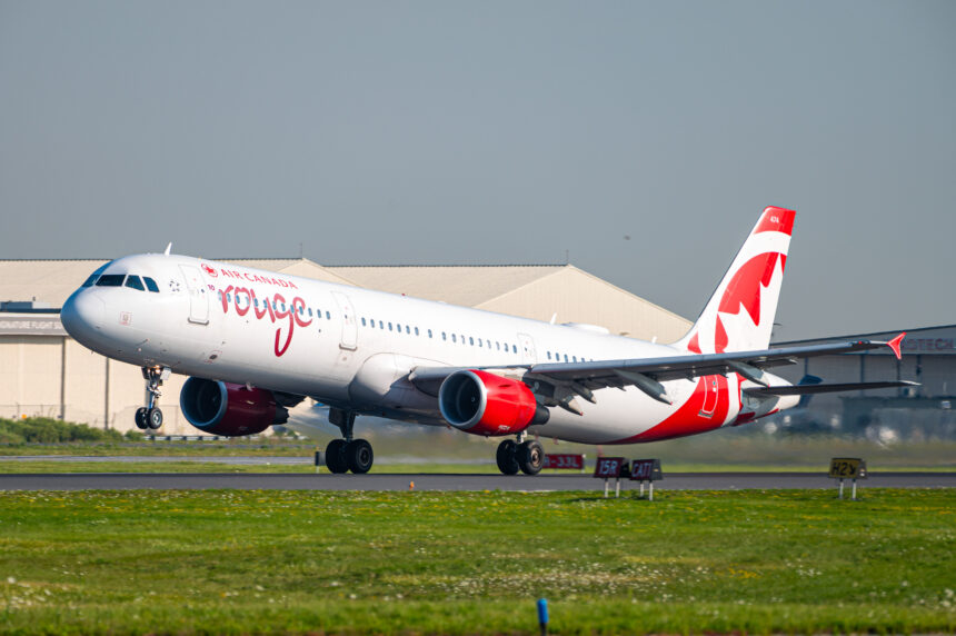 Air Canada rouge aircraft on ground. Airline suspends operations on AUgust 16 due to strike action as CUPE talks fail