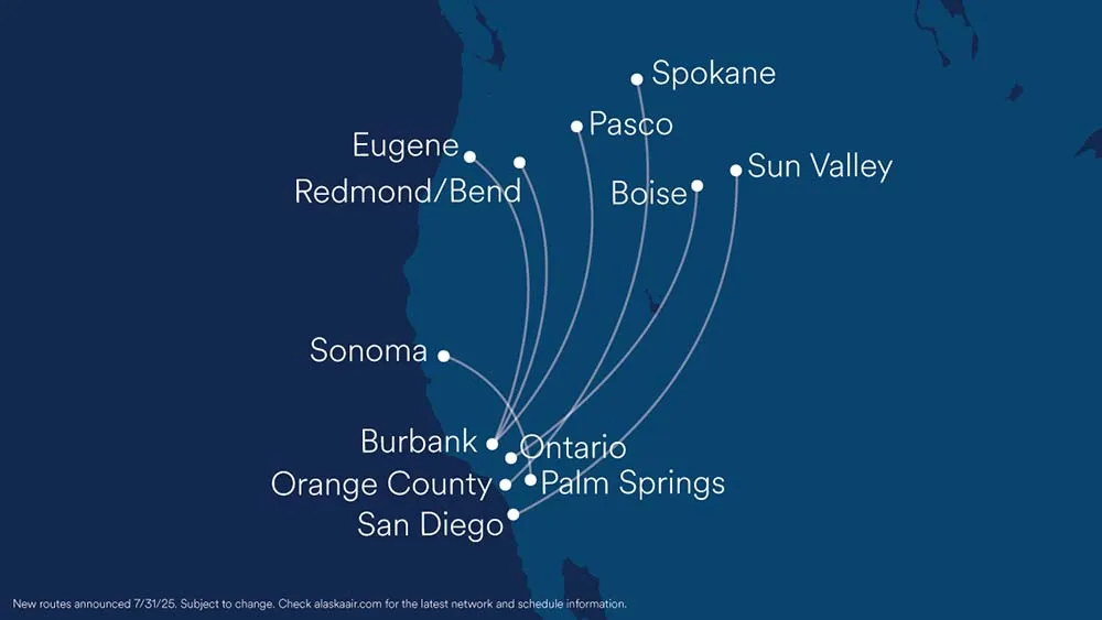A map of the western United States showing new flight routes announced by Alaska Airlines. The map highlights cities including Spokane, Pasco, Boise, Sun Valley, Eugene, Redmond/Bend, Sonoma, Burbank, Orange County, Ontario, Palm Springs, and San Diego with lines connecting these destinations.