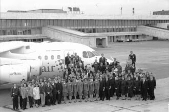 Black and white photo of airBaltic crew