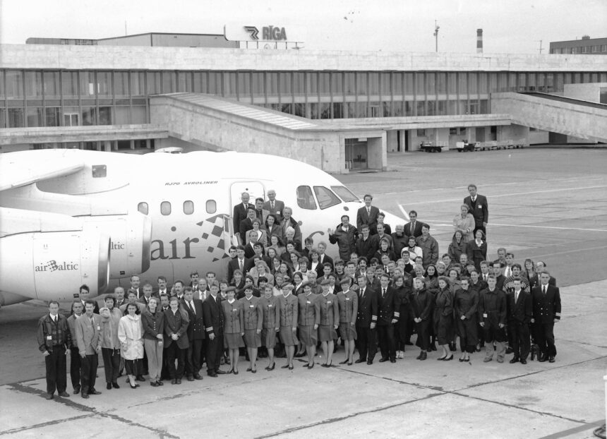 Black and white photo of airBaltic crew