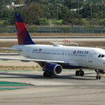 A Delta Airlines Airbus A319 on the tarmac at Los Angeles Airport.