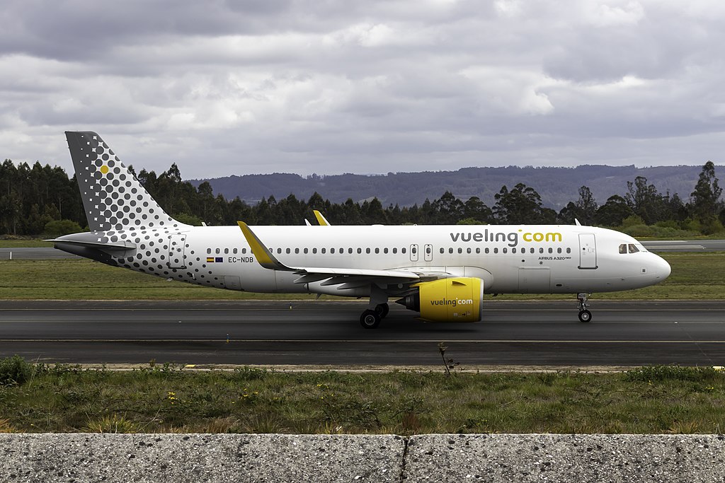 A Vueling A320neo aircraft on taxiway.