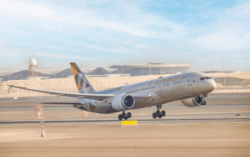 An Etihad Airways Boeing 787 Dreamliner aircraft is captured mid-takeoff from a runway at an airport. The plane's landing gear is still extended, and the background features a modern terminal building with a distinctive wavy roof design and a radar tower.
