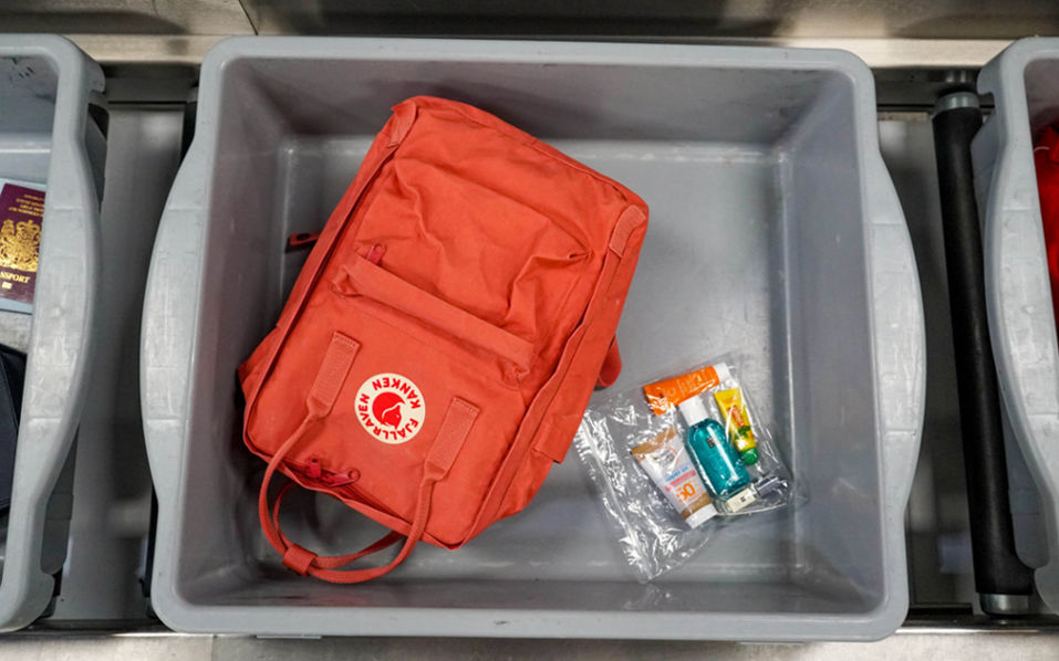 Airport Hand-carry security check tray display. 
