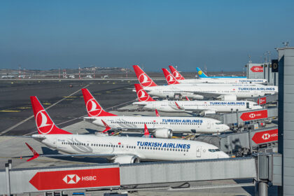 A line of Turkish Airways planes with red tails and white bodies lined up at Istanbul Airport.