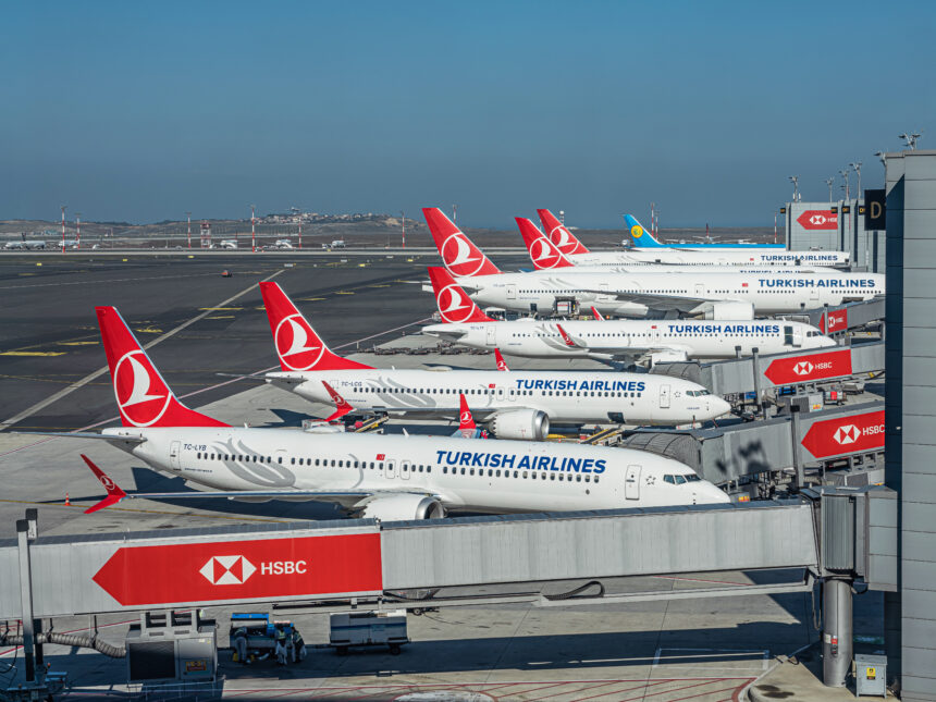 A line of Turkish Airways planes with red tails and white bodies lined up at Istanbul Airport.