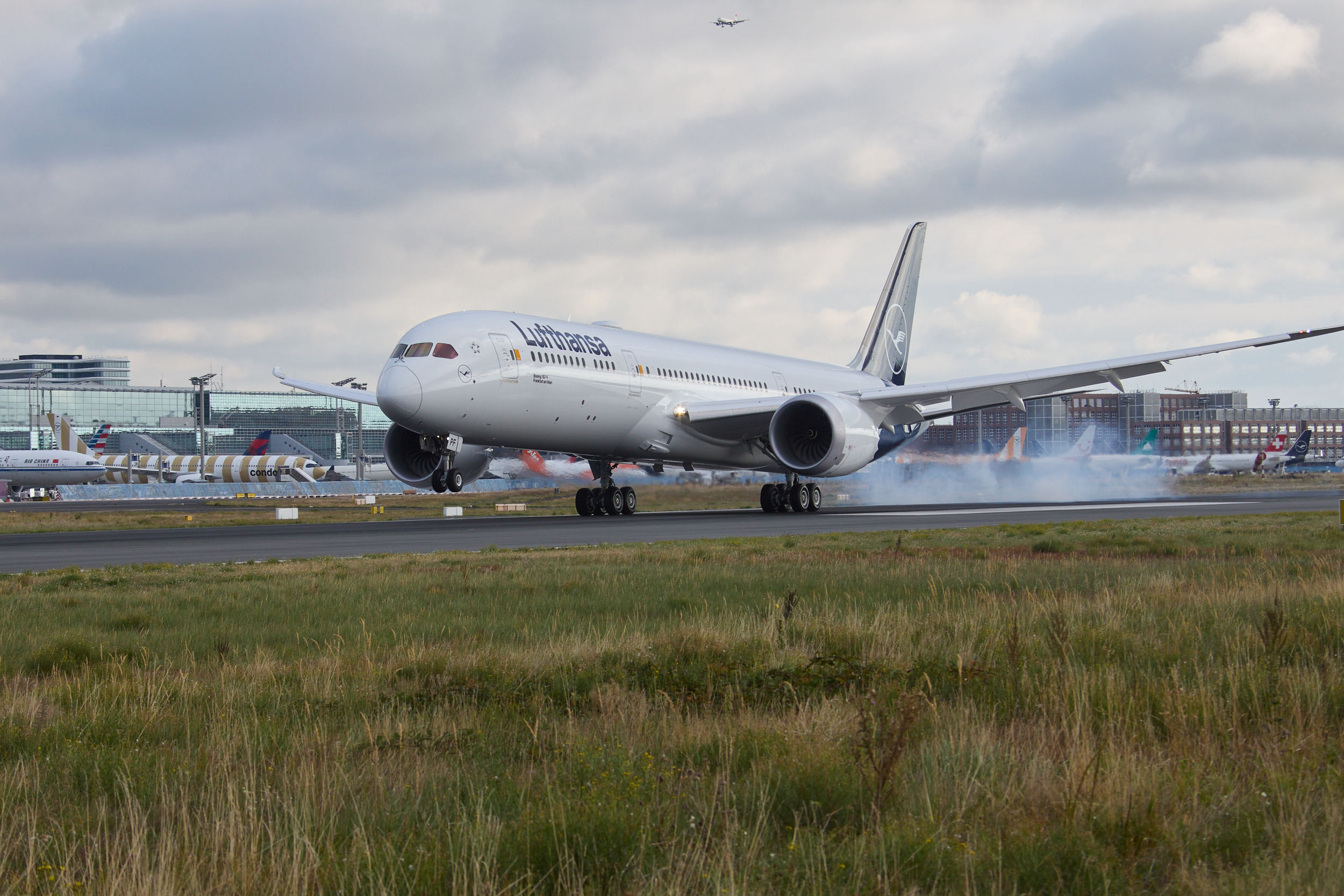  A Lufthansa Boeing 787 Dreamliner aircraft is landing on a runway at an airport. The plane's wheels are touching down, creating smoke from the tires. Several other aeroplanes are visible in the background, parked near the terminal buildings under a cloudy sky.