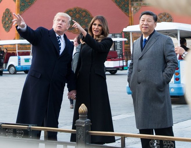 US President Donald Trump and First Lady Melania Trump visiting Beijing, accompanied by General Secretary of the Chinese Communist Party Xi Jinping in 2017