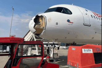 Airbus plane damage after bird strike. bird strike shortly after leaving Madrid Barajas Airport
