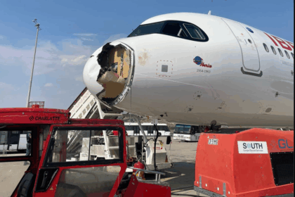 Airbus plane damage after bird strike. bird strike shortly after leaving Madrid Barajas Airport